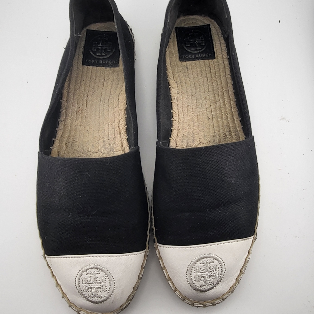 Tory Burch Black Canvas Espadrille Flats with White Cap Toe - Picture 1 of 8